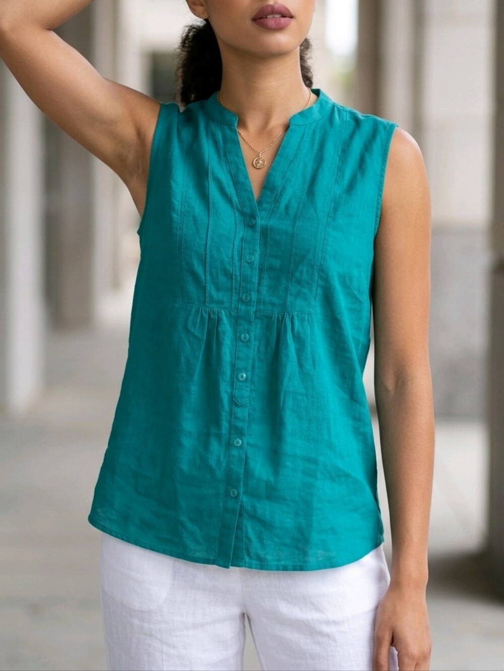 L.L.Bean Teal Green 100% Linen Boho Blouse Size Large